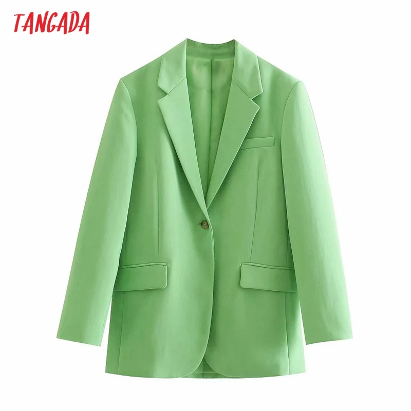 

Tangada Women Solid Green Blazer Coat Vintage Notched Collar Pocket 2021 Fashion Female Casual Chic Tops 3H610