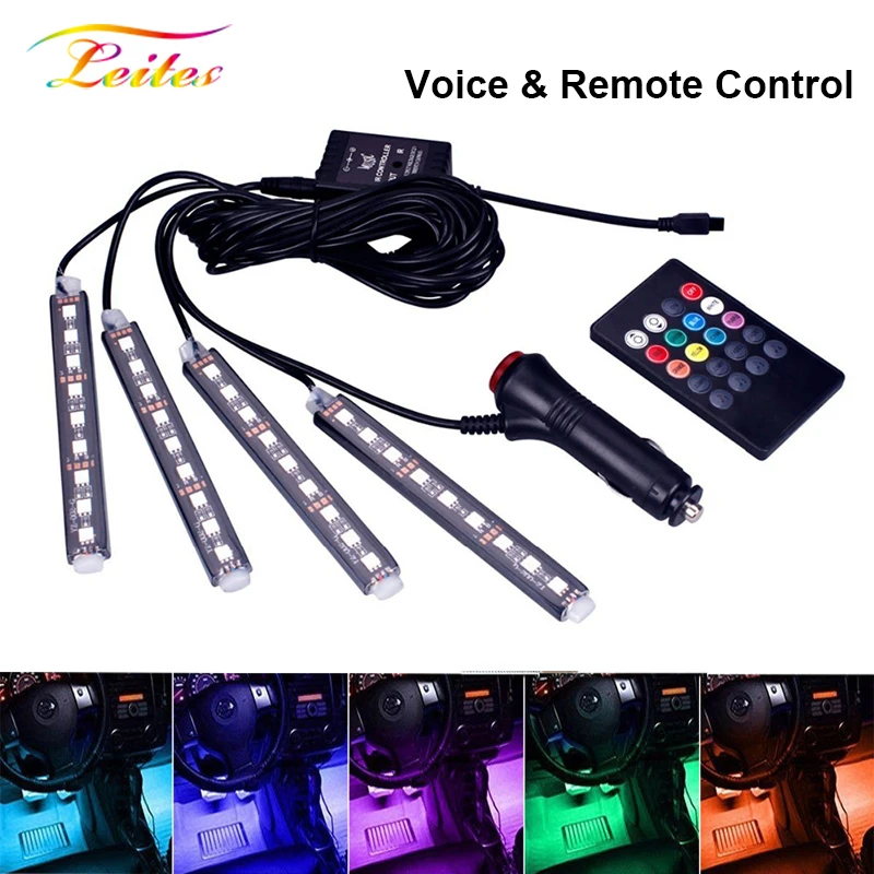 

Светодиодная подсветка для ног автомобиля, 4 шт., дистанционное управление музыкой режимов, USB, беспроводная, декоративсветильник ка для салона автомобиля