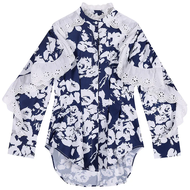 

Streetwear Women Lace ruffle Blouse 2021 Spring Buttons Print Female Loose shirt Stand Collar Ladies Tops Blusas New YNZZU IT048