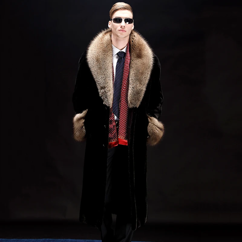 Ftangaiur Winter Jacket USA Import Velvet Mink Coat Turn-Down Collar Coats Soft Men's X-Long Smart Natural Real | Мужская одежда