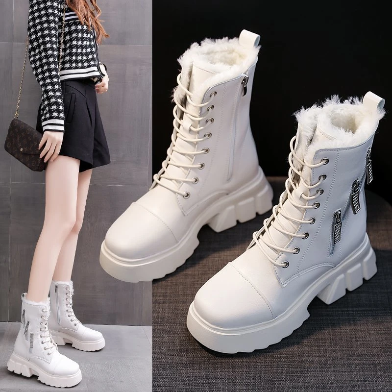 

Ladies Snow Boots Beige Plush Warm Fur Casual Boots Shoes Sports Shoes Ankle Boots Thick-soled Lace-up Winter Shoes 2021