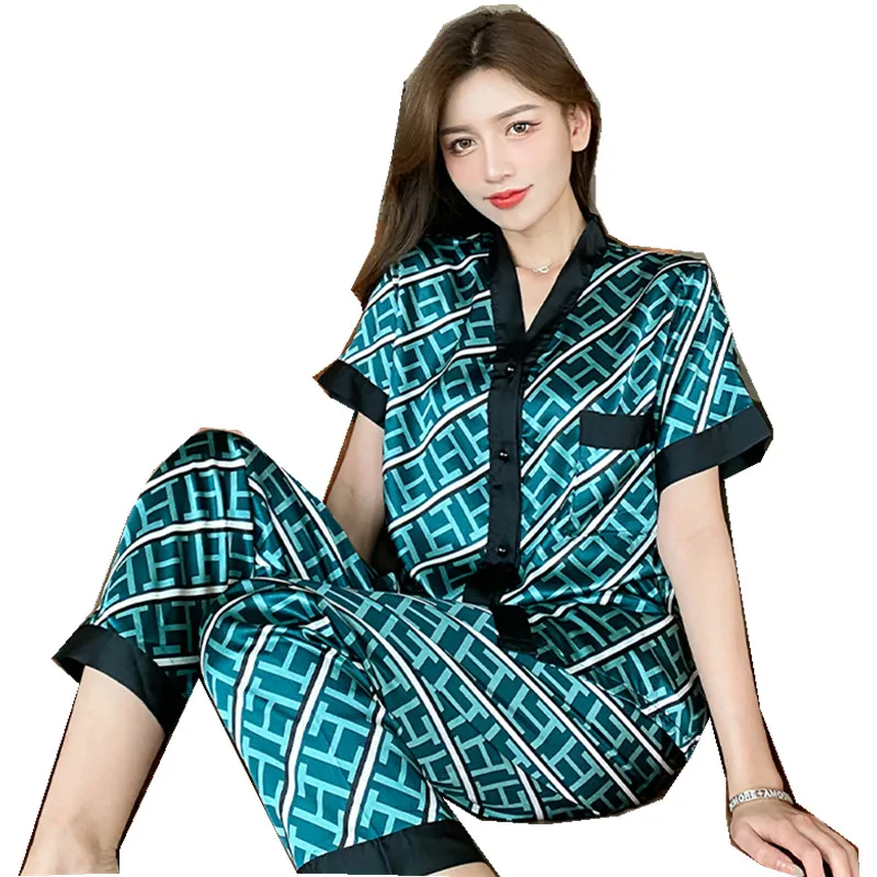 CAIYIER Women Pajamas Set Sexy Luxury Fashion Letters Print Summer Short Sleeve Silk Like Leisure Home Clothes Pants Sleepwear