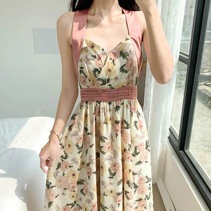

2021 Summer New France Woman's Print Dress High Quality Fashion Suspender Catwalk Maxi Dress Vintage Casual Chiffon Vestidos