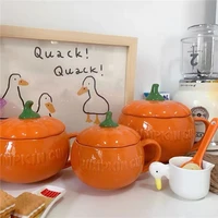 cartoon cute creative ceramic pumpkin cup with lid breakfast dessert soup cup oatmeal cups student water cup breakfast bowl