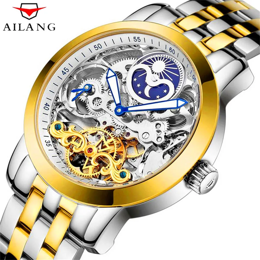 AILANG Fashion New Stainless Steel Hollow Steampunk Watches Mens Waterproof Luminous Automatic Mechanical WatchFor Men 6812