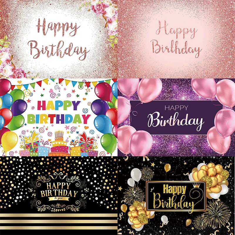 

Pink Happy Birthday Backdrop Party Black Gold Flower Balloon Photography Background Adult Girls Boys Photographic Banner