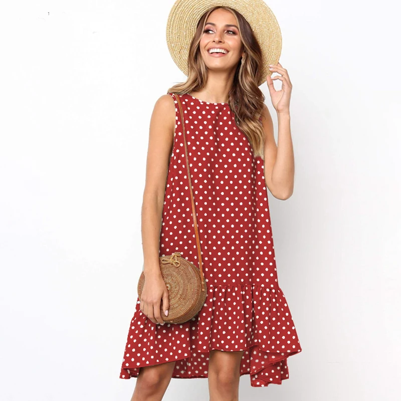 

2021 Women Summer Dress Fashion Print Polka Dot Chiffon Sleeveless Beach Mini Short Casual Sundress Plus Size Dress For Women