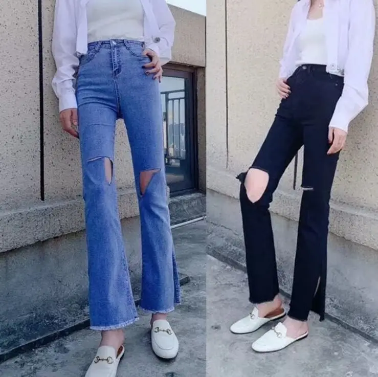 

HCBLESS Fashion Denim Flare Pants Women Retro Ripped Jeans Wide Leg Trousers Lady Casual Bell-Bottoms Flare Pant Female