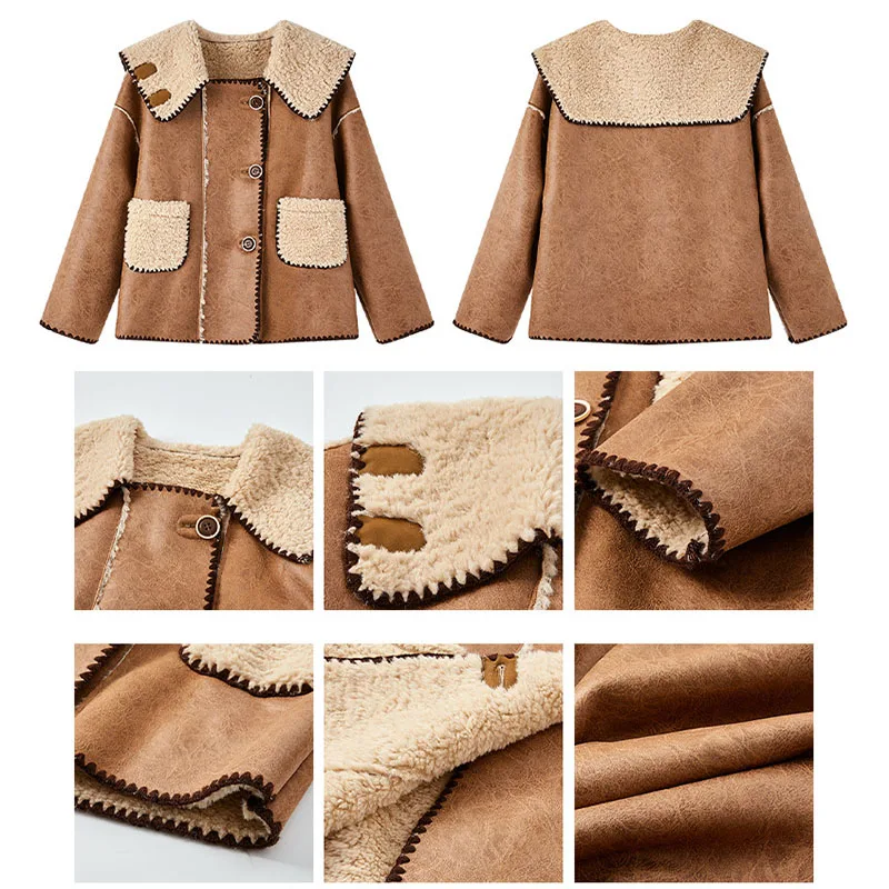 

Winter Solid Spliced Faux Leather Lamb Wool Jacket Women Long Sleeve Brown Coats Loose Warm Street Fashion Jackets Clothing 2020