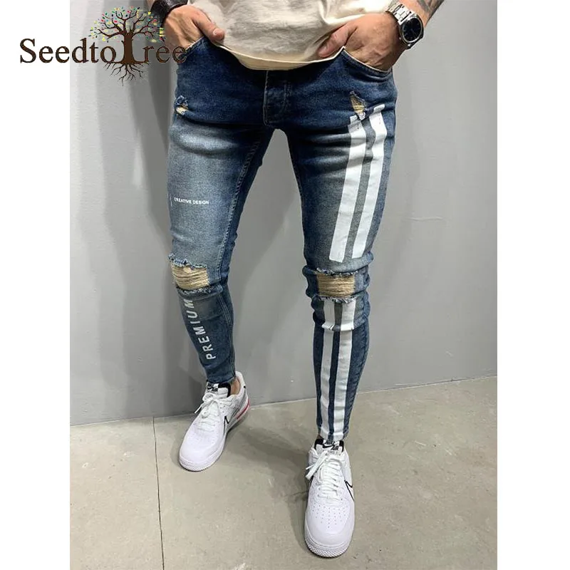 Stripe Printing Hole Casual Men's Jeans Pencil Pants Slim Denim Trousers