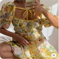 women summer skirt full flower print lace up square neck puff sleeves strappy a line dress for girls yellow