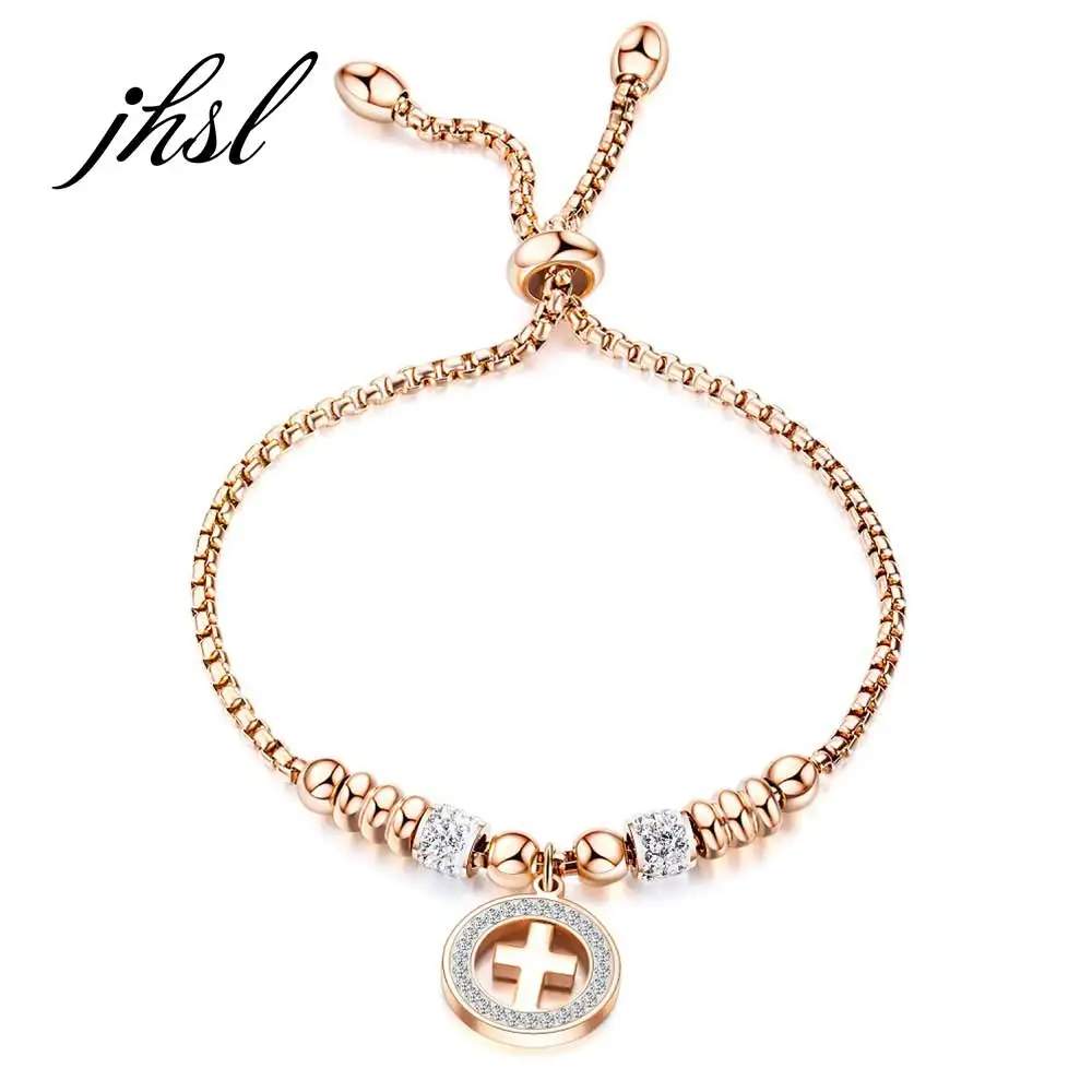 

JHSL Fashion Jewelry Rose Gold Color Stainless Steel Adjustable Female Women Cross Charm Bracelets Bangles