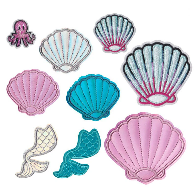 Shell Mermaid Squid Leather Parches Embroidery Iron on Patches for Clothing DIY Sea Stripes Clothes Stickers Appliques