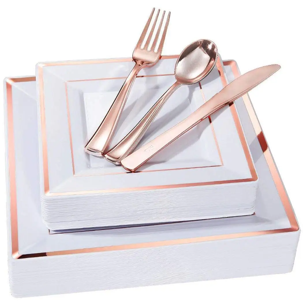 Durable Square Shape Plastic Disposable Plate Double Strip Print Party Tableware 3pcs x Home 6pcsx Xmas wedding Supplies | Дом и сад