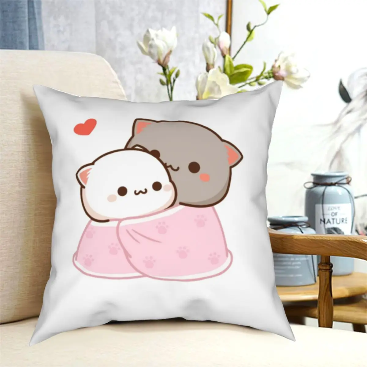 

Peach And Goma Cuddling Mochi Cat Pillowcase Printing Polyester Cushion Cover Decorative Pillow Case Cover Home Square 40*40cm