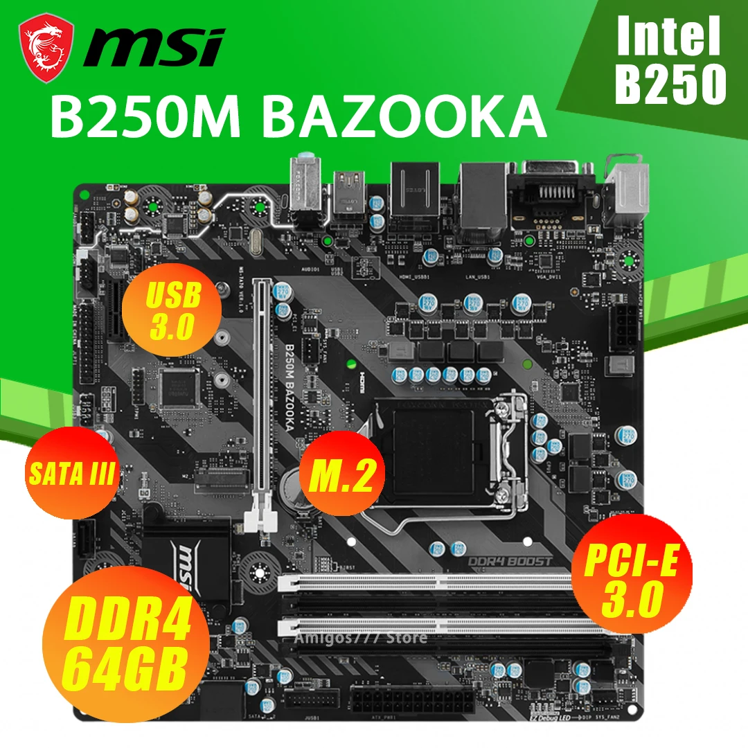 Billig MSI B250M BAZOOKA Motherboard LGA 1151 I7 I5 I3 DDR4 64GB PCI-E 3,0 M.2 SATA III Desktop Intel B250 Placa-Mãe 1151 Micro ATX