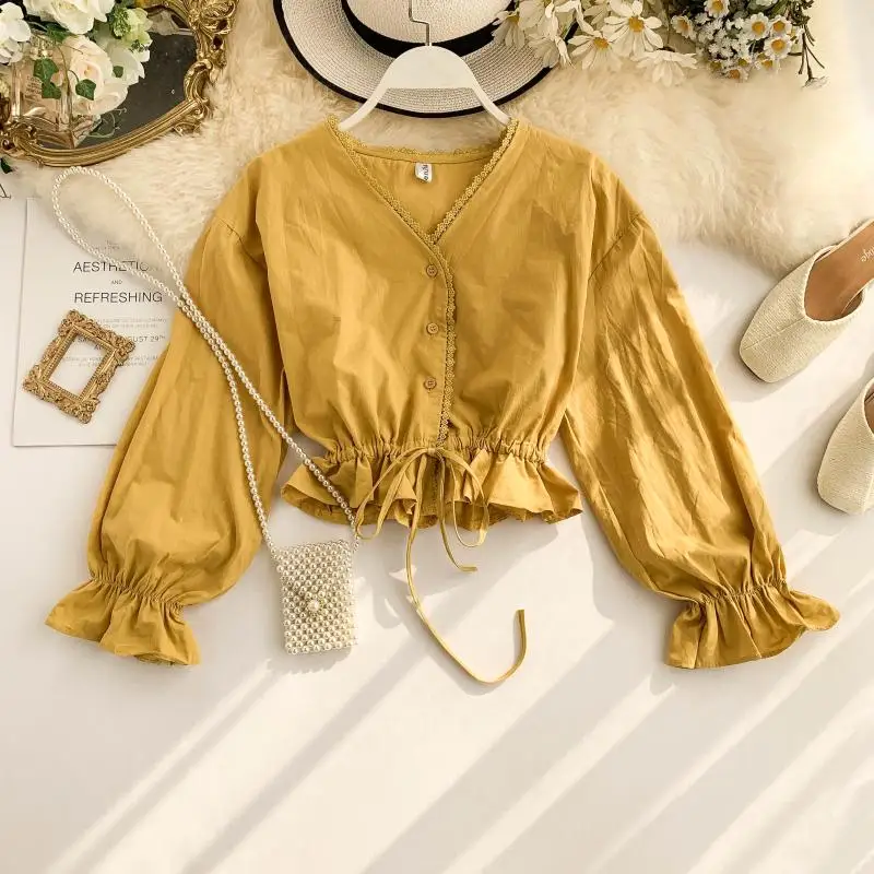 2019 Новая модная женская рубашка Женский Короткий темпераментный топ с v образным