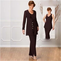 new long sleeve three pieces mother of the bride pant suits formal trousers suits with jacket scoop chiffon custom free shipping