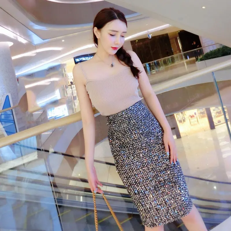 Юбки с пайетками и высокой талией для женщин блестящие вечерние юбки Женская