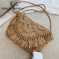 bohemian round women straw shoulder bag designer luxury tassel woven handbag bohemian beach shopping crossbody female clutch