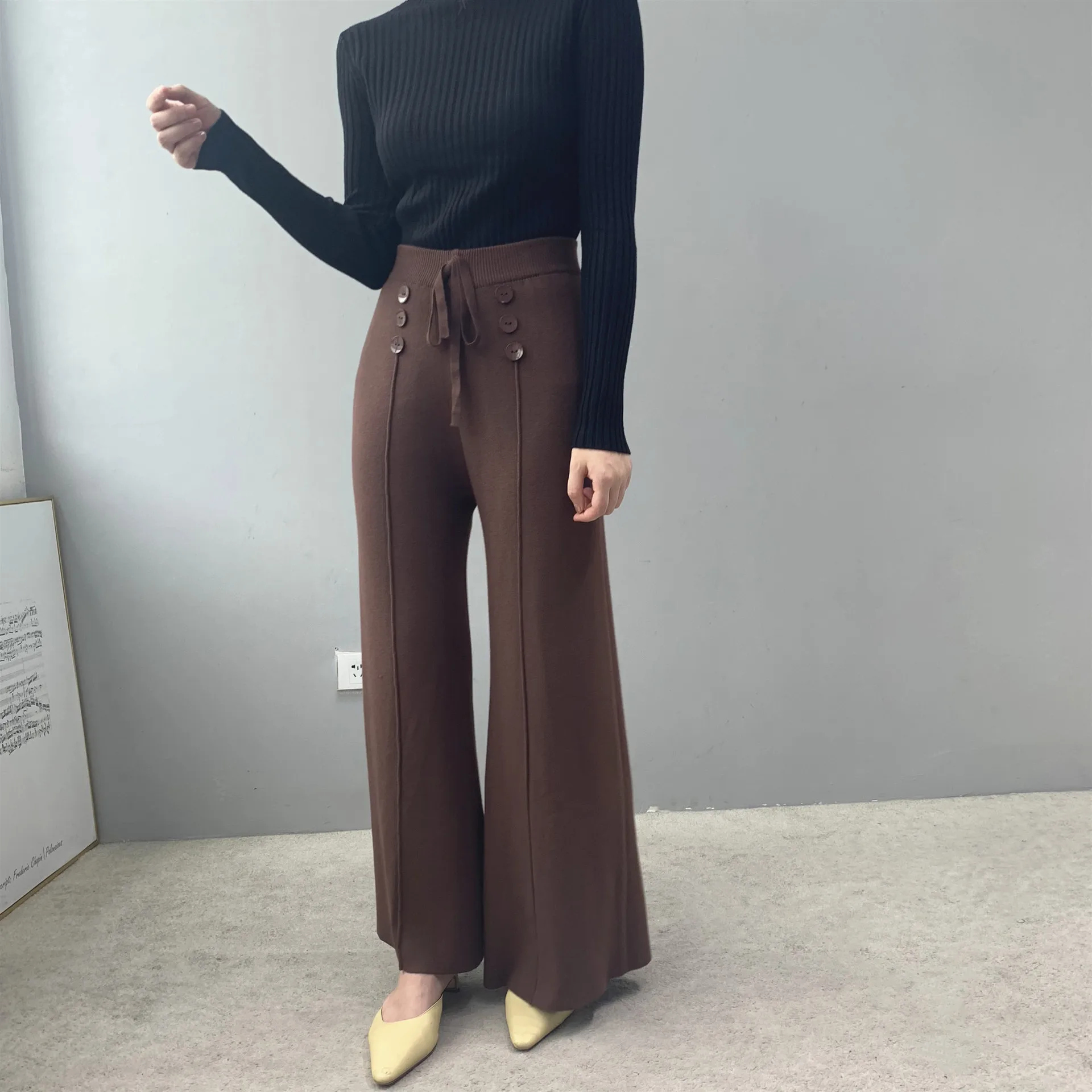 Для женщин брюки Новинка весны мягкий вощеный удобные WaistCashmere трикотажные брюки женская, одноцветная брюки с широкими штанинами Повседневное