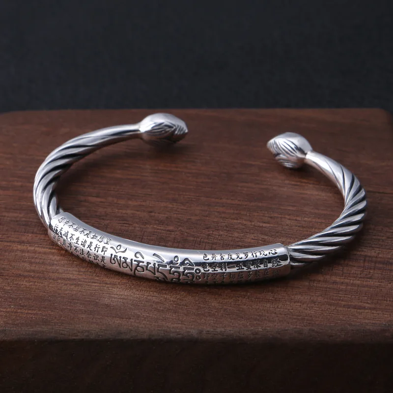 

Real 999 Silver Jewelry Thai Silver Retro Scriptures Men And Women Twisted Rope Silver Bracelet Opening Adjustable 33g