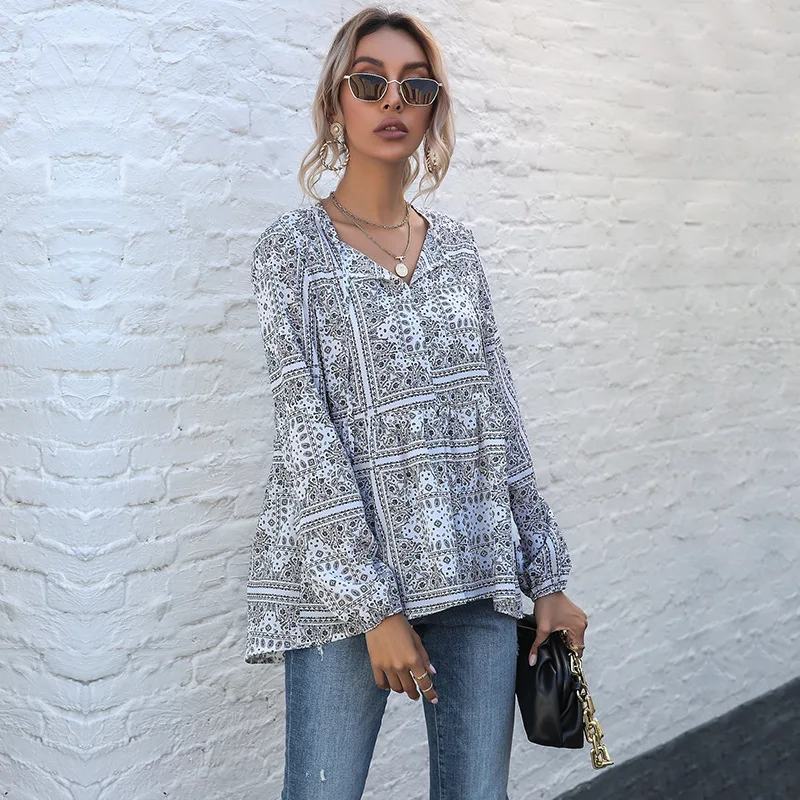

Women's Summer Spring 2021 New Tassels Print Loose Tops Chiffon Long Sleeve Chic Ladies Lace Up Oversized Blouses