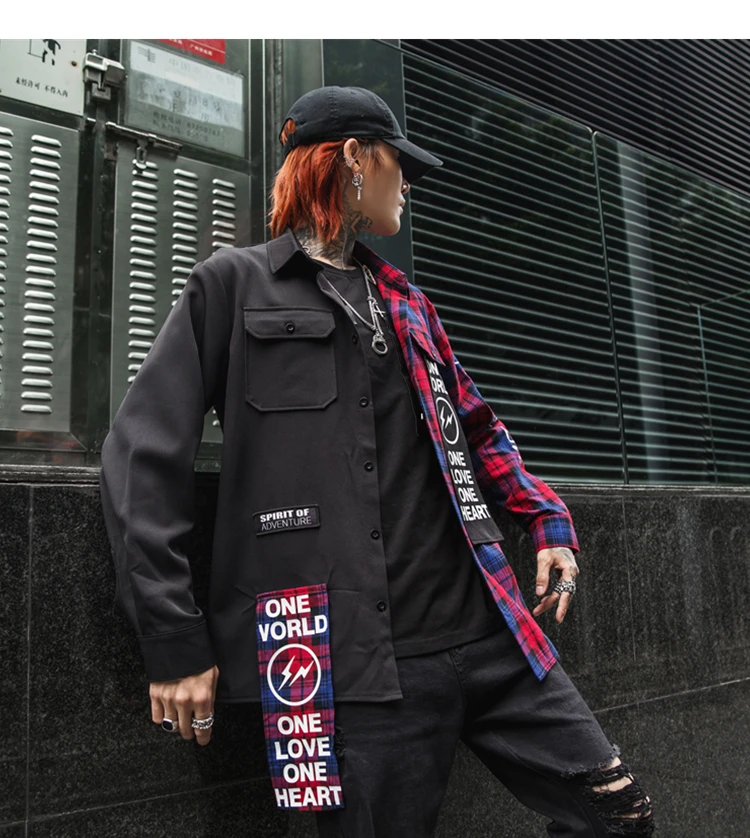 New Western Diablo Style Fashion Individuality Printed Plaid Patchwork Men's Long-Sleeved Shirts Hip Hop Autumn Streetwear Color