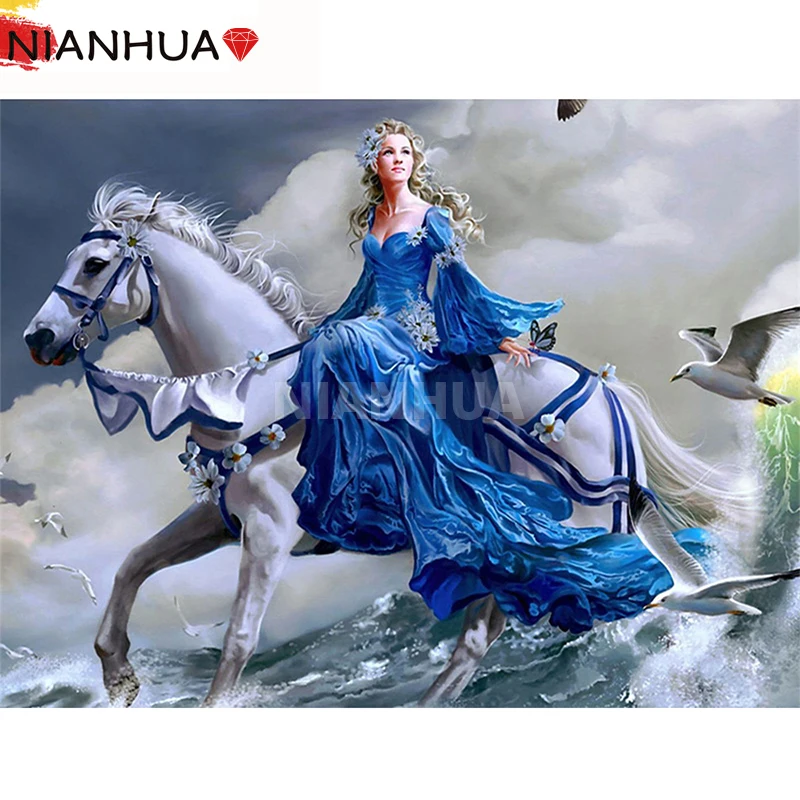 

5D Diamond Painting White Horse Princess Stepping On The Ocean Mosaic Kit Photo Square Round Mural Handmade DIY Embroidery Gift