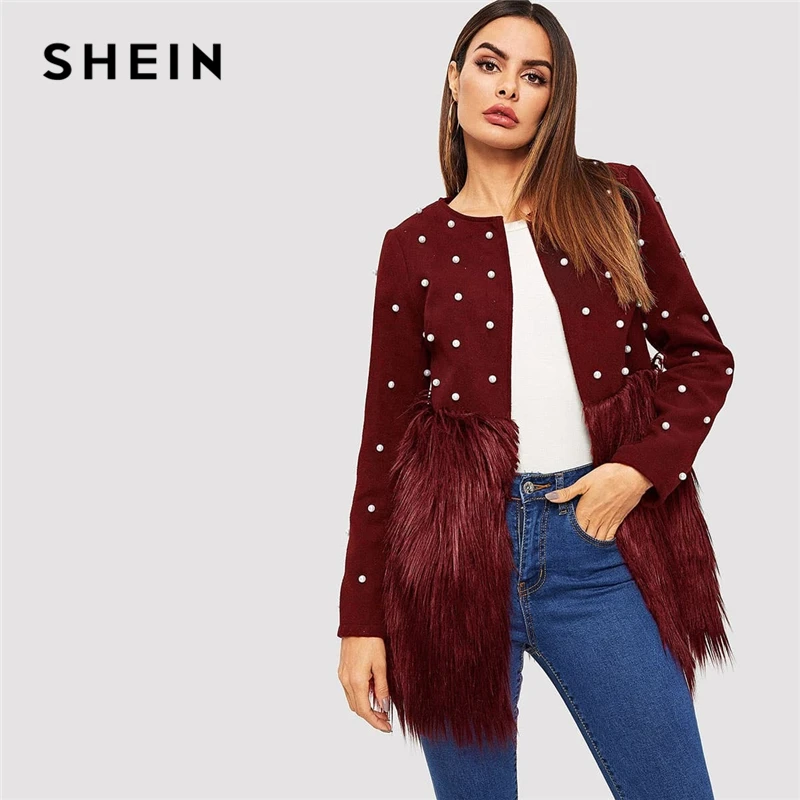 SHEIN Контрастное Пальто С Бусинами И Эко Мехом Стильное Пальто