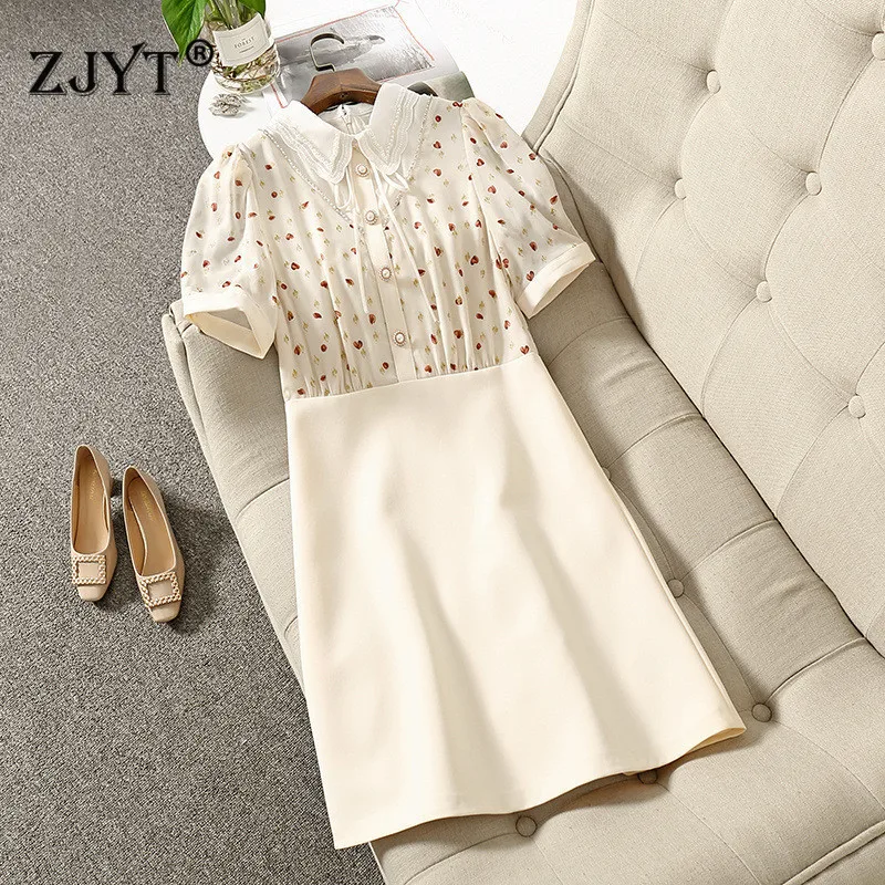 

Runway Fashion Summer Designer Short Sleeve Print Patchwork Beading Sweet Dress Woman Clothes Elegant Party Office Vestidos 2021
