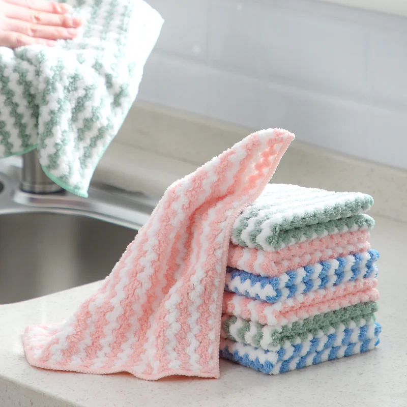 

6pcs Striped flower Household Kitchen Towels Absorbent Thicker Microfiber Wipe Table Kitchen Towel Cleaning Dish Washing Cloth