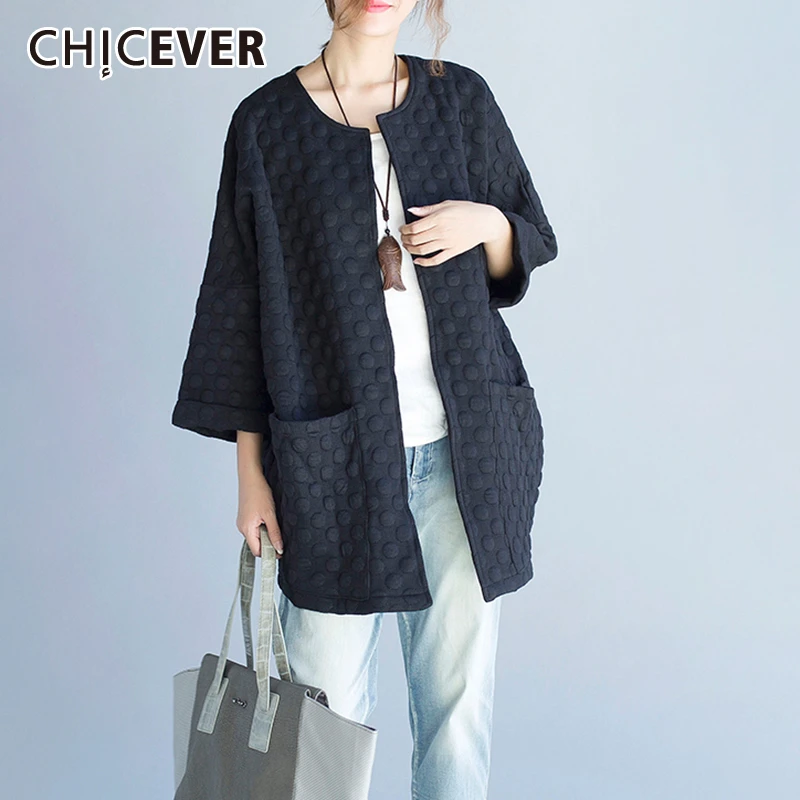 CHICEVER винтажная свободная Черная куртка в горошек для женщин о образный вырез