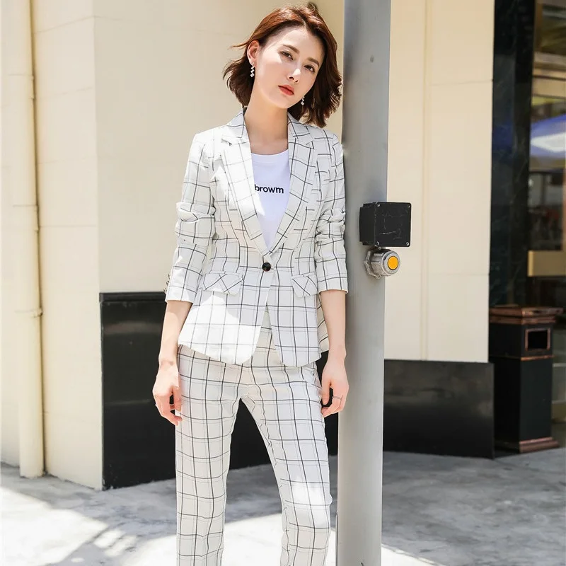 Женский офисный блейзер в розовую клетку деловые костюмы брюки и пиджак офисном