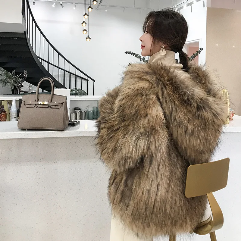 Natural Raccoon Dog Fur Knitted Coats Women Hooded Thicken Short White Slim Winter Warm Fashion Female Fur Overcoats One Size enlarge