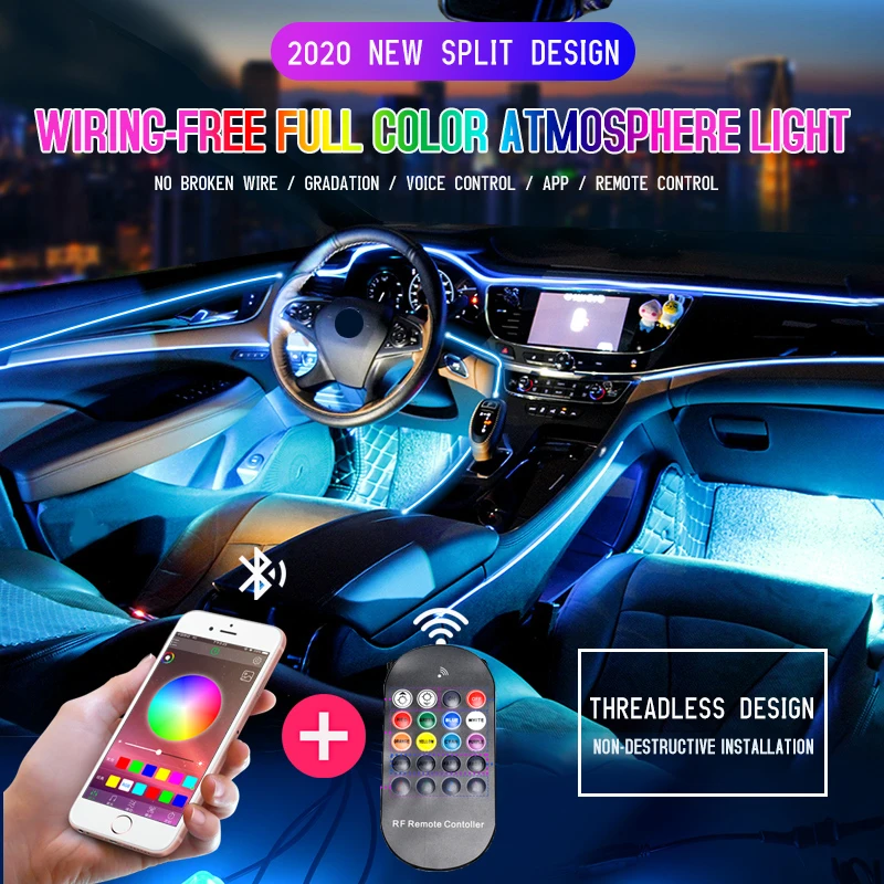 

NEW Led Ambient Light RGB 8m 1 in 14 Car Interior Atmosphere Lamp Remote APP 12V Auto Decorative Dashboard Foot Door Mood Lights