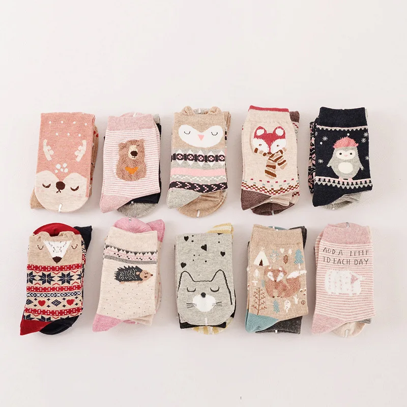 2 Pairs/Lot Winter Autumn Women's Cotton Cartoon Cute Sox for Female Girl Warm Funny Cat Fox Owl calcetines gifts meias | Женская