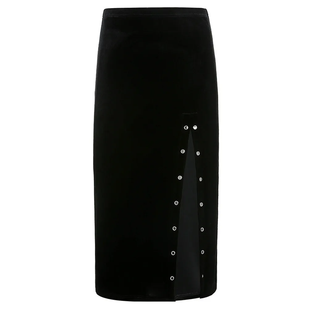 

2021 New Retro Elegant Black Mall Gothic Velvet Midi Skirts Grunge Punk Women High Waist Pencil Long Skirt Korean Sexy Partywear