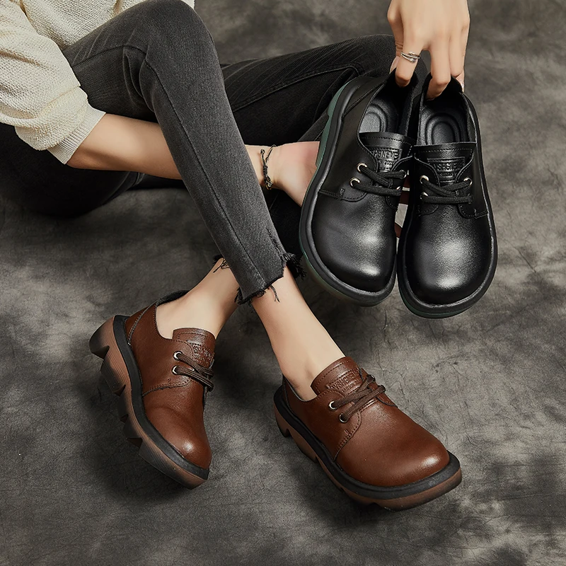 

Spring New British Style Retro Lace Up Round Head Small Leather Shoe Muffin Thick Soled Waterproof Platform Lady Single Footwear