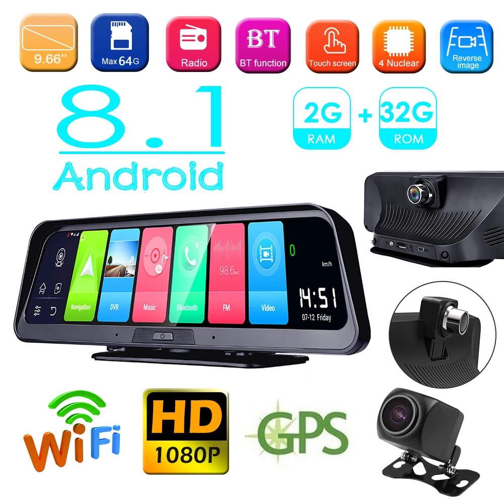 Android 8 1 Автомобильный видеорегистратор Камера 9 66 дюймовая панель камера 4G WiFi ADAS GPS