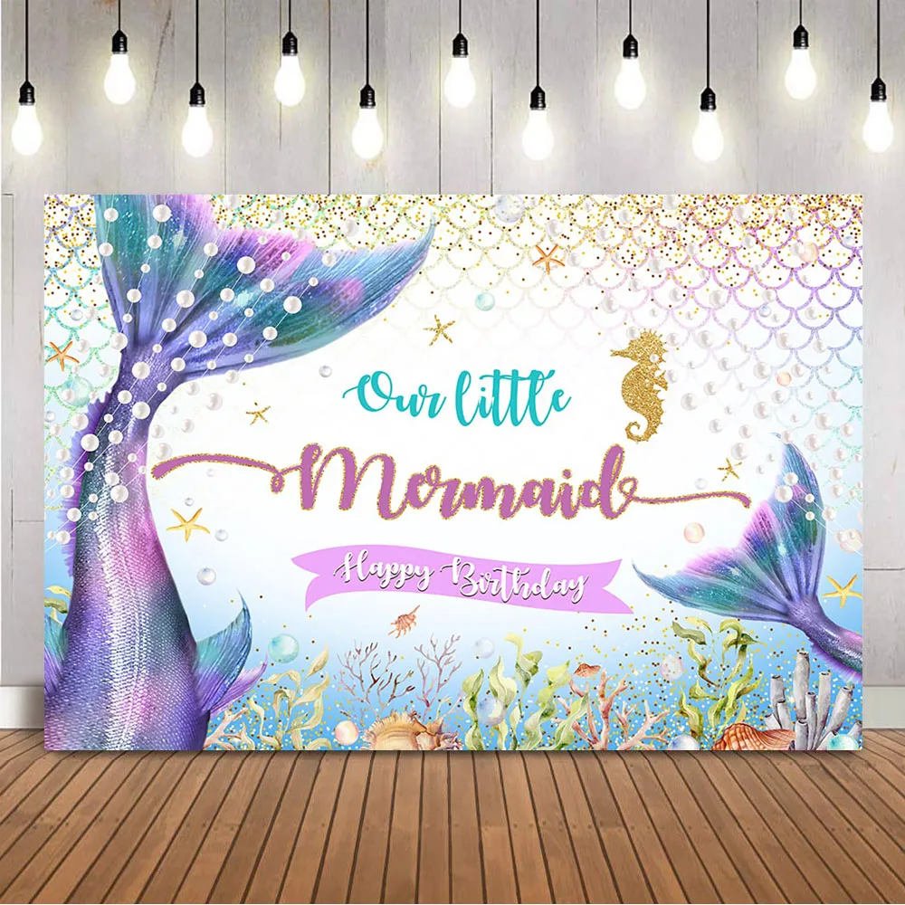 

Little Mermaid Princess Backdrop Happy Birthday Photo Background Under the Sea Aquatic plants Girls Birthday Party Decorations