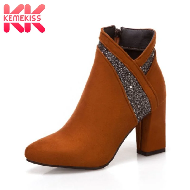 

KemeKiss/новые женские ботильоны, размеры 32-43 блестящая обувь из флока на молнии с круглым носком на толстом высоком каблуке уличная женская зим...