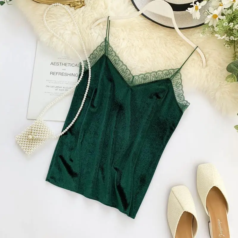 Новая Осенняя Женская кружевная Лоскутная бархатная майка с регулируемой талией