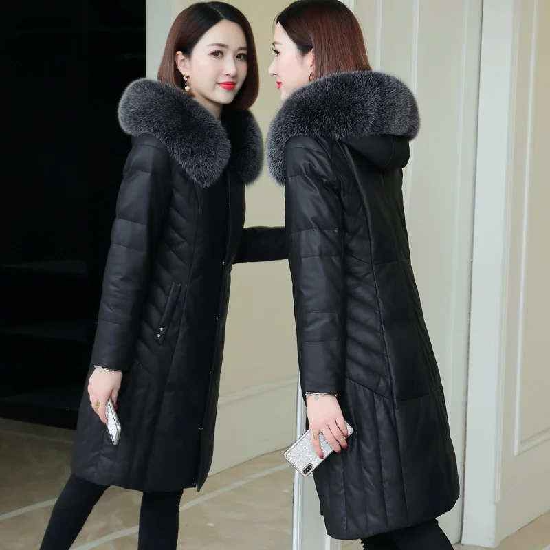 

Haining 2021 winter new leather sheep skin down jacket fox hair collar women's long slim fur coat