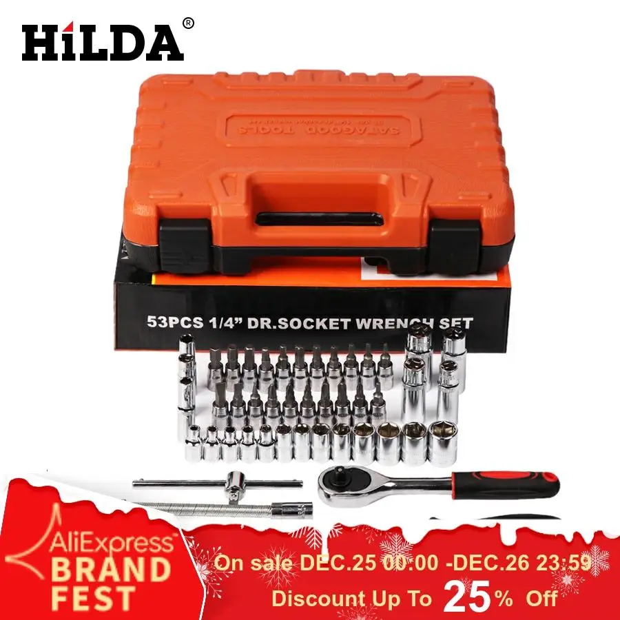 HILDA 53 шт. набор инструментов для ремонта автомобиля набор головок с трещоткой гаечный ключ Отвертка Набор торцевых головок комбинированный набор инструментов гаечный ключ