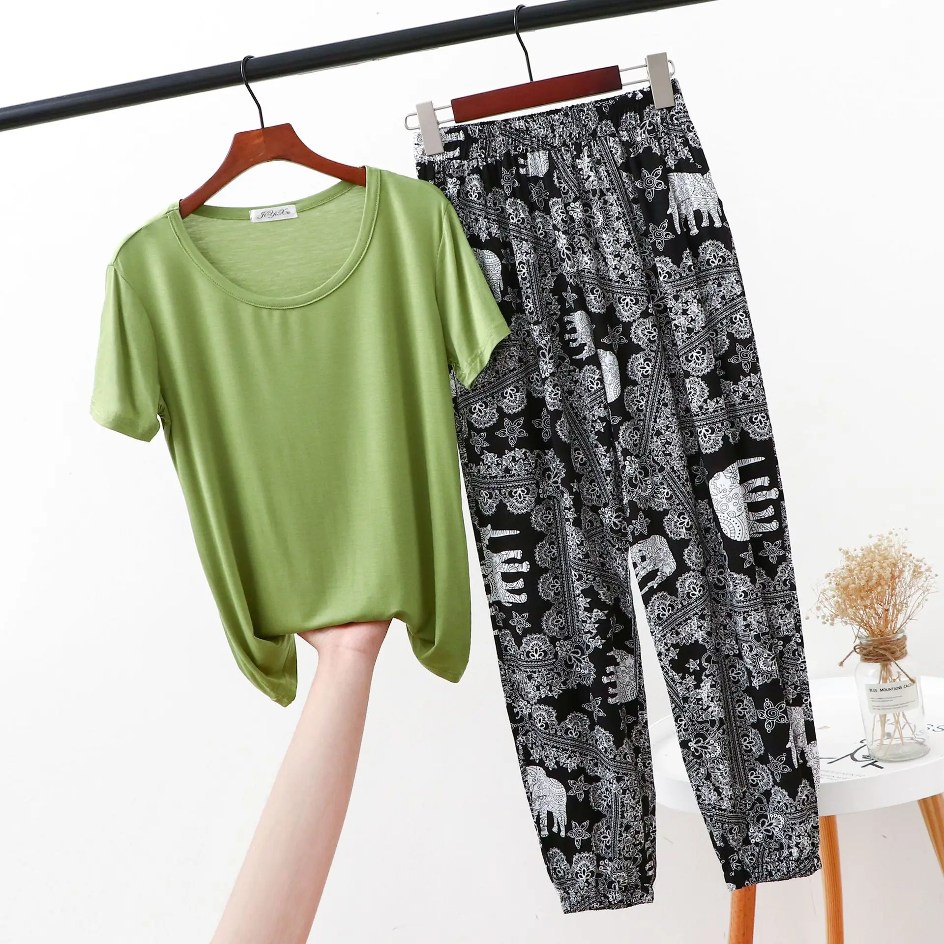 

Modal Top +Viscose Pants Two Pcs Set Pajamas Set For Women Summer Cool Short-sleeved Long Trousers Pijama Mujer Women Pyjamas