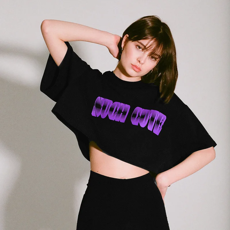 

Women Casual O Neck Letter Print Loose Hip Hop Short Sleeve Cropped T Shirt Crop Top Blouse Harajuku High Street Wear Chic Y2K E