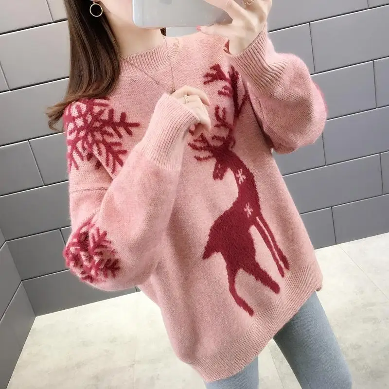 

Women Pink Christmas Cartoon Fawn Sweater Thick Plus Size Loose Outer Wear Top 2021 Fall Winter Fashion Knitted Harajuku Sweater