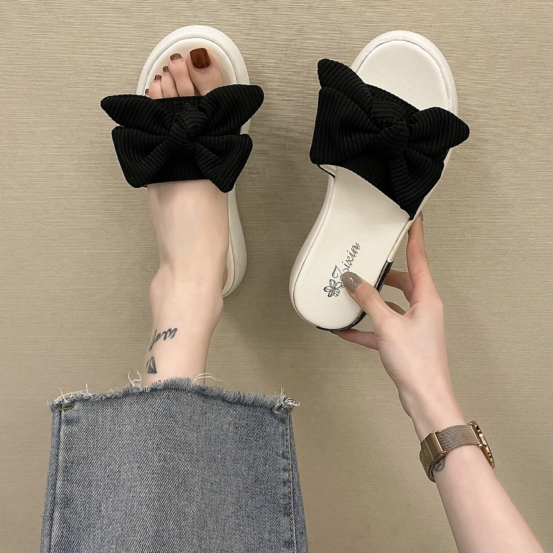 

Female Shoes Slippers Women Summer Butterfly-Knot Slides Fashion Flock Platform Low 2021 Beach Luxury Flat Soft Rome Rubber Casu