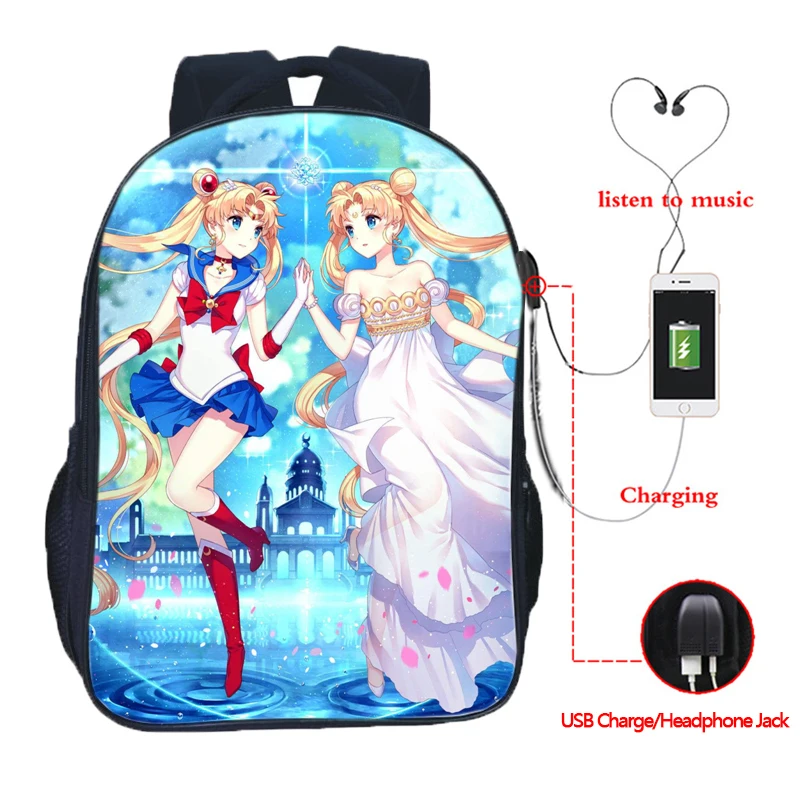 

Beautiful Sailor Moon Backpack USB Charging Laptop Rucksack Girls Bookbags Students Schoolbags Hiking Knapsacks Women Travel Bag